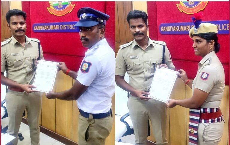 பணியில் நேர்மையாகவும், சிறப்பாகவும் செயல்பட்ட போக்குவரத்து தலைமை காவலர் மற்றும் ஆயுதப்படை முதல் நிலை பெண்காவலரை நேரில் பாராட்டிய மாவட்ட காவல் கண்காணிப்பாளர்.