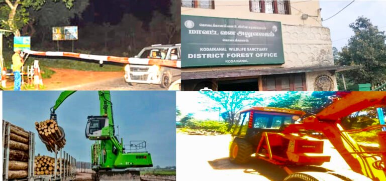 கொடைக்கானல் பண்ணைக்காடு பகுதியில் அனுமதி இல்லாமல் மரம் ஏற்றும் இயந்திரம்.