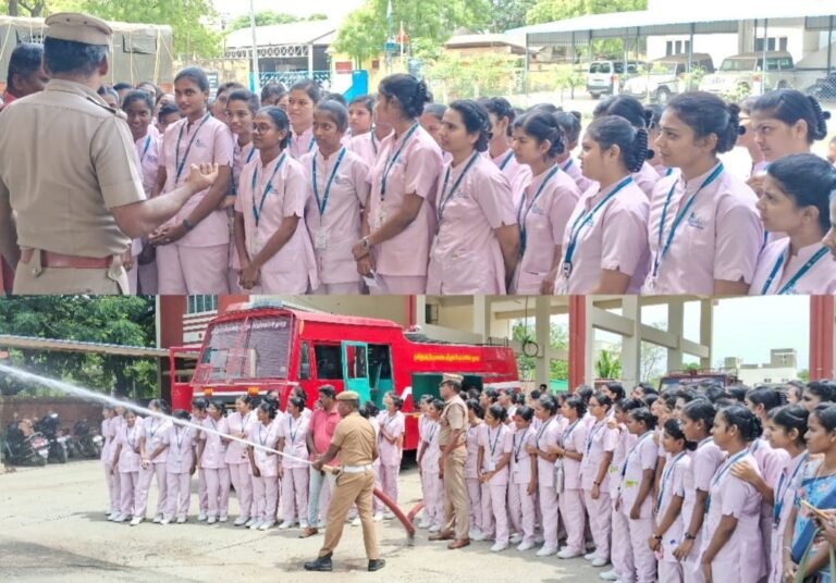 மதுரையில் தீயணைப்பு துறை மற்றும் ரெட் கிராஸ் சார்பில் செவிலியர்கள் பயிற்சி பெறும் மாணவிகளுக்கு தீத்தடுப்பு ஒத்திகை பயிற்சி: